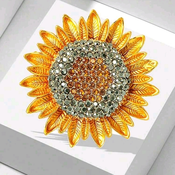 Sunflower Rhinestone Brooch Pin Gold and Black - Picture 6 of 6